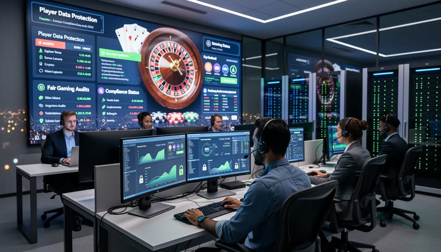 Modern secure server room with illuminated equipment racks for casino platform hosting