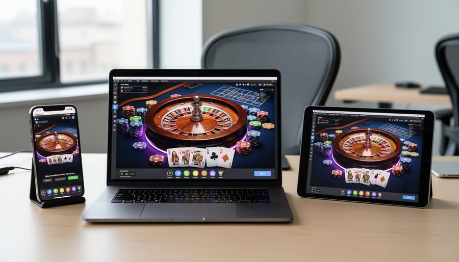 Casino game running on multiple devices including smartphone, tablet, and laptop