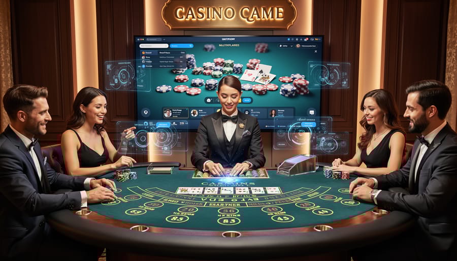 Luxury poker table with cards, chips, and integrated digital display in casino setting