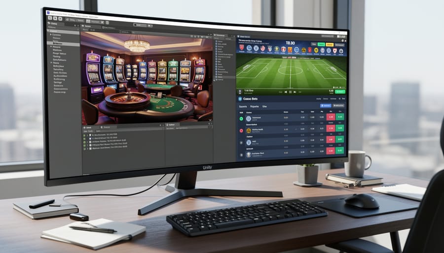 Game development workstation showing Unity engine interface for casino game creation