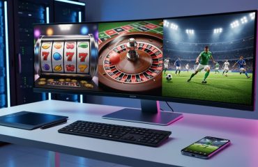 Desktop monitor, tablet, and smartphone on a modern workstation displaying synchronized 3D slot reels, a roulette wheel, and a live soccer arena under cool blue and magenta lighting, with blurred server racks in the background and no readable text or logos.