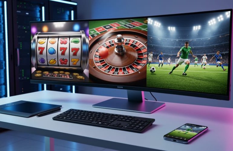 Desktop monitor, tablet, and smartphone on a modern workstation displaying synchronized 3D slot reels, a roulette wheel, and a live soccer arena under cool blue and magenta lighting, with blurred server racks in the background and no readable text or logos.