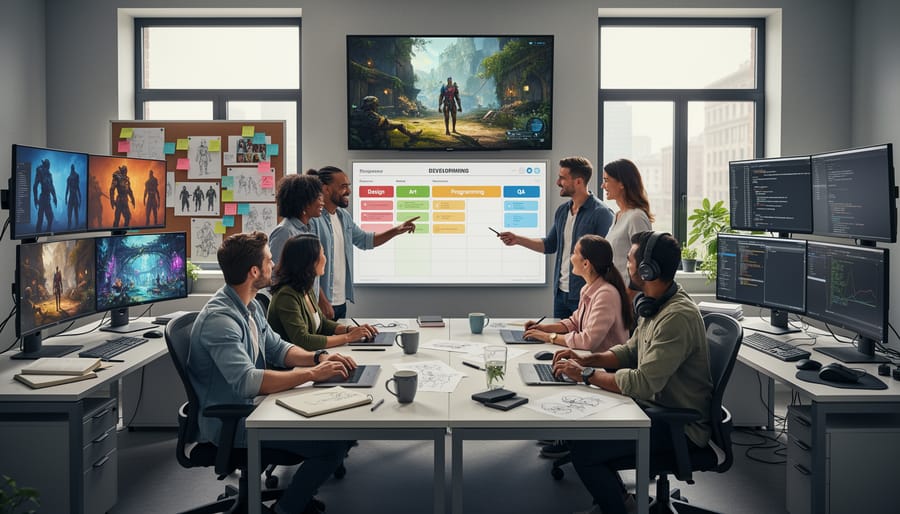 Development team collaborating around desk in modern office environment