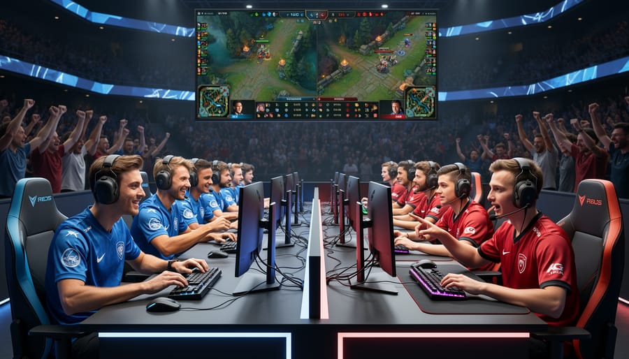 Two esports teams positioned symmetrically facing each other at gaming stations