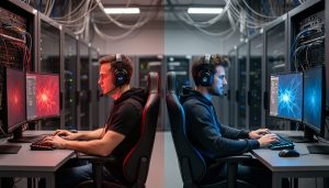 Back-to-back developers at unbranded gaming PCs, one side illuminated red and the other blue, in a studio with blurred server racks and cables; no text visible on screens.