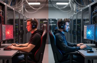 Back-to-back developers at unbranded gaming PCs, one side illuminated red and the other blue, in a studio with blurred server racks and cables; no text visible on screens.