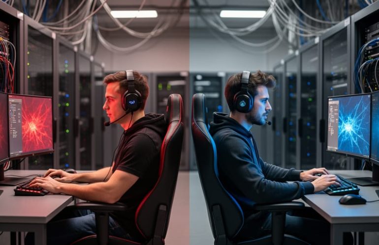 Back-to-back developers at unbranded gaming PCs, one side illuminated red and the other blue, in a studio with blurred server racks and cables; no text visible on screens.
