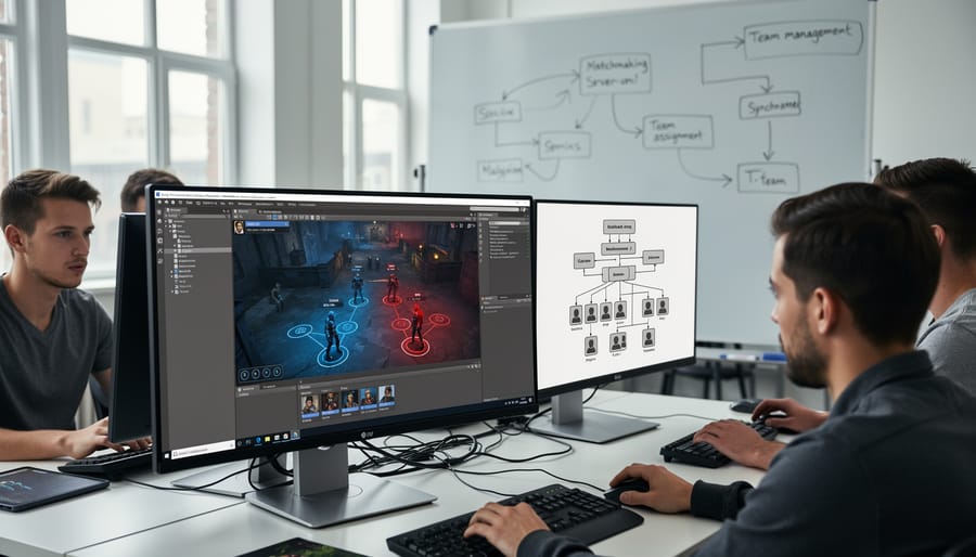 Developer working on Unity multiplayer game development at computer workstation