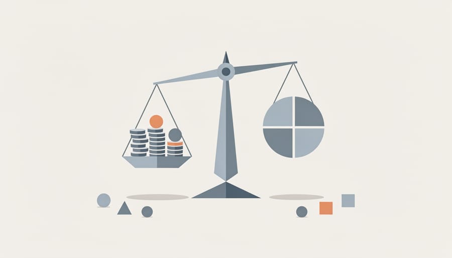 Toy game figurines and a balance scale on a desk next to glossy coin-like spheres, symbolizing balanced rewards