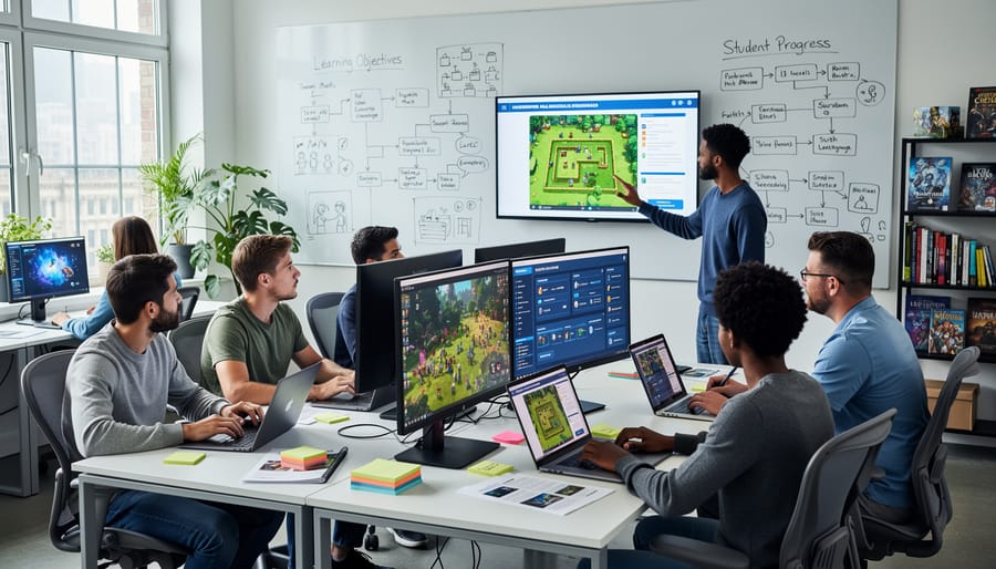 Game development team collaborating in a modern studio around a laptop and external monitors