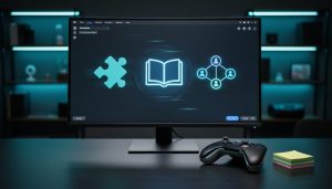 Developer workstation with a monitor displaying abstract learning and progress elements for a video game, with gaming controllers and collaborative tools on the desk in a modern studio setting.