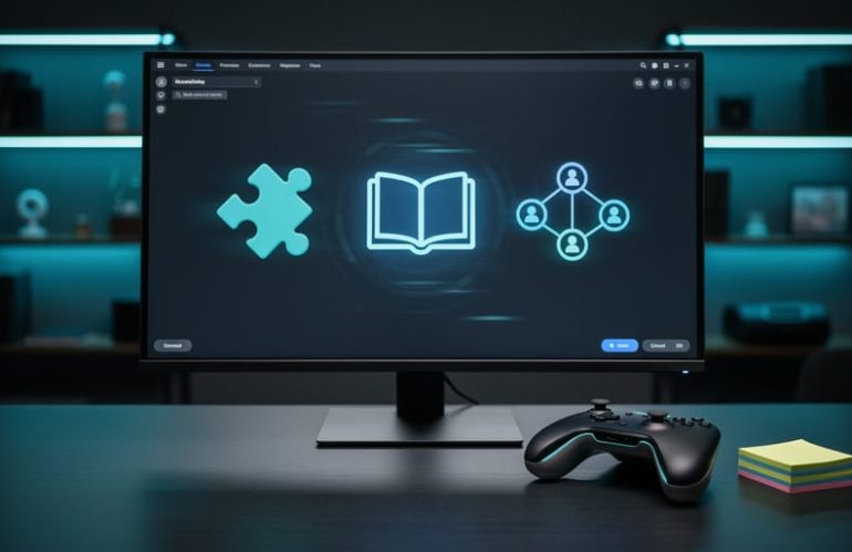 Developer workstation with a monitor displaying abstract learning and progress elements for a video game, with gaming controllers and collaborative tools on the desk in a modern studio setting.