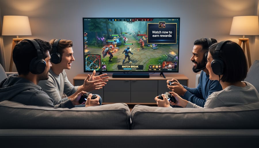 Players seated in a multiplayer viewing area with controllers, illuminated by cool stage light