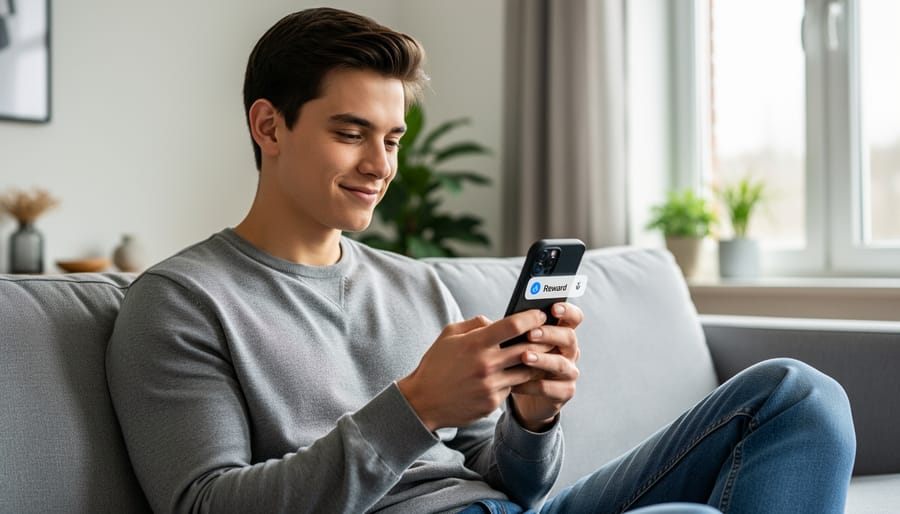 Close-up of a gamer’s hand holding a smartphone while gaming in a living room, suggesting voluntary ad viewing