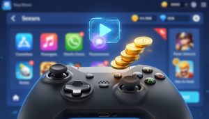 A gaming controller with a glowing reward-themed visual representing opt-in rewarded video ads, with a blurred mobile gaming background.