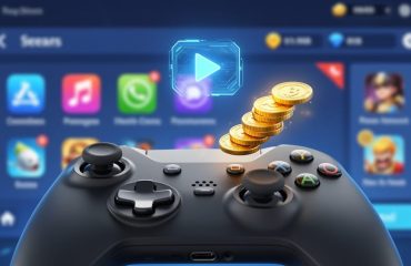A gaming controller with a glowing reward-themed visual representing opt-in rewarded video ads, with a blurred mobile gaming background.