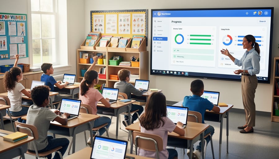 A teacher oversees students using tablets while an unmarked dashboard glows on a monitor.