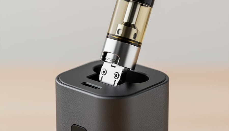 Close-up of a disposable vape cartridge and charging dock on a dark workbench with soft studio lighting.
