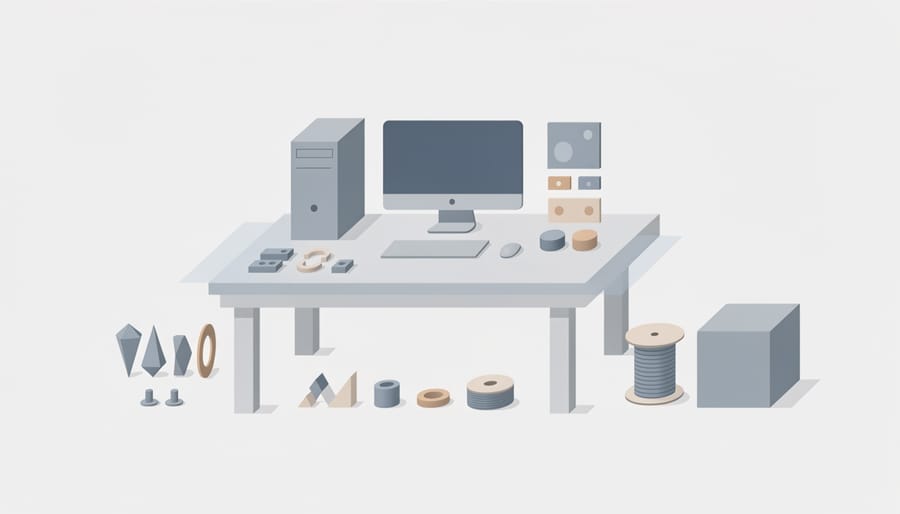 Developer desk with monitors showing abstract 3D visuals and game development hardware