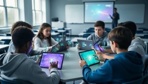 Diverse eighth-grade students playing a collaborative multiplayer educational game on laptops and tablets in a modern classroom.
