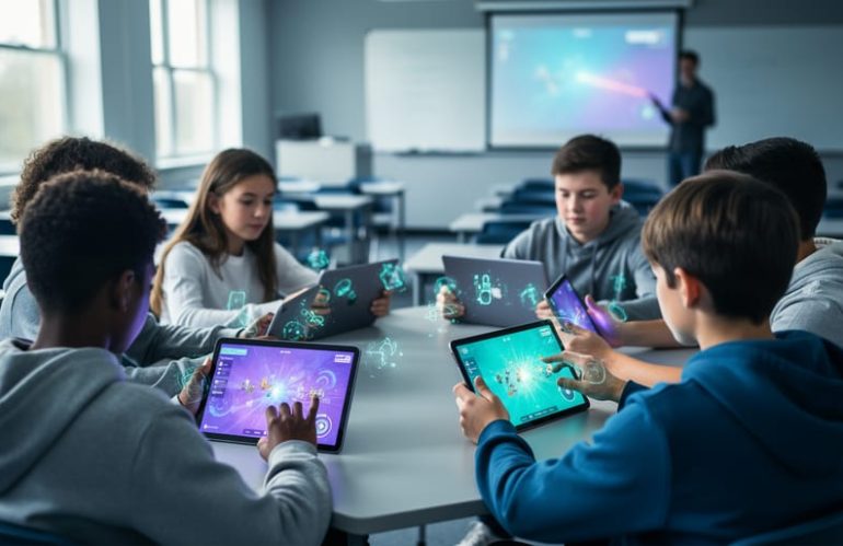 Diverse eighth-grade students playing a collaborative multiplayer educational game on laptops and tablets in a modern classroom.