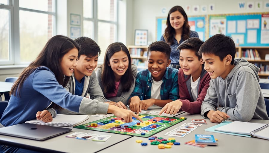 Eighth-grade students collaborate around tablets and game materials in a classroom.