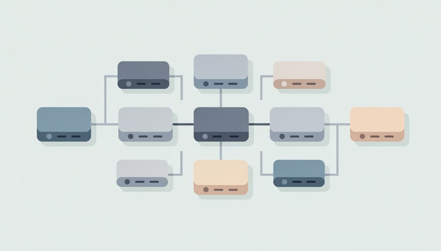 Modular electronics components arranged on a table with visible connection ports and clean technical lighting.