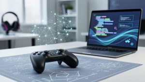 Game controller on a developer desk with a glowing holographic network of connected nodes symbolizing scalable multiplayer architecture.