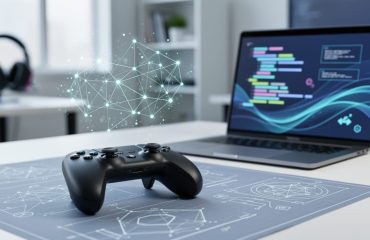 Game controller on a developer desk with a glowing holographic network of connected nodes symbolizing scalable multiplayer architecture.