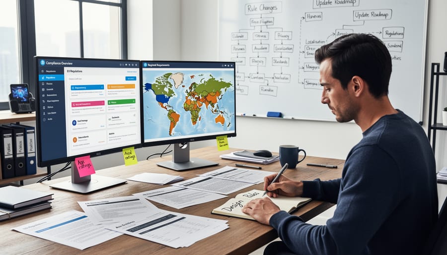 Professional reviewing documents in a glass-walled office with a globe-like object in soft focus and diffused natural light.