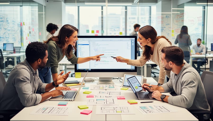 Team members and a client collaborating in a modern workspace with laptops and a tablet