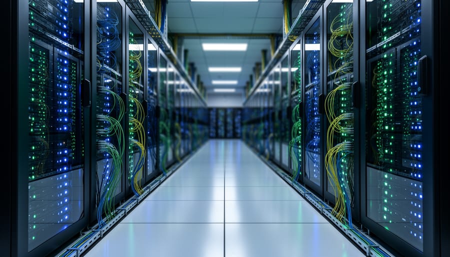 Technician observing glowing server racks in a dim server room