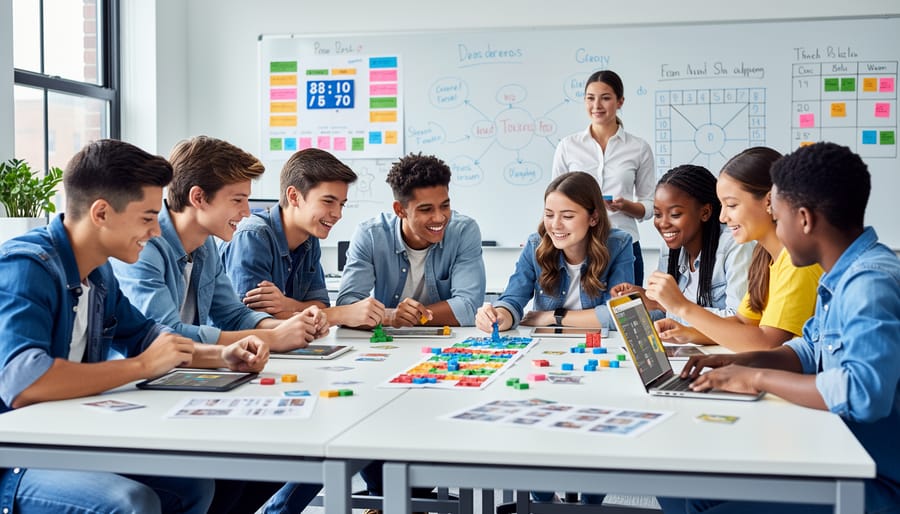 Teen students team up to solve a tabletop puzzle with shared game pieces.