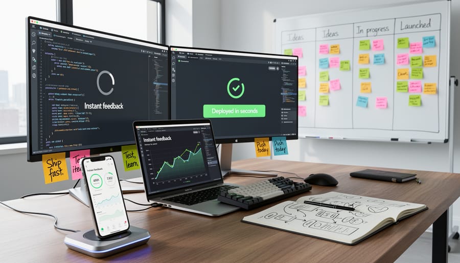 Unity developer working at a desk with dual monitors and a game controller in hand, with blurred office background.
