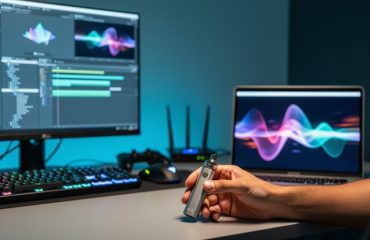 Developer workspace with a glowing game engine on a monitor and a vaporizer device placed on the desk next to a laptop.