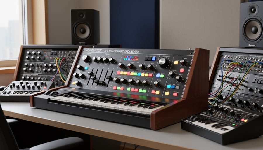 Analog synthesizer with patch cables on a studio desk