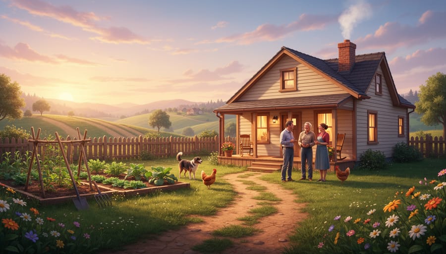 Warmly lit countryside cottage porch at dusk with a dirt path leading into the distance.