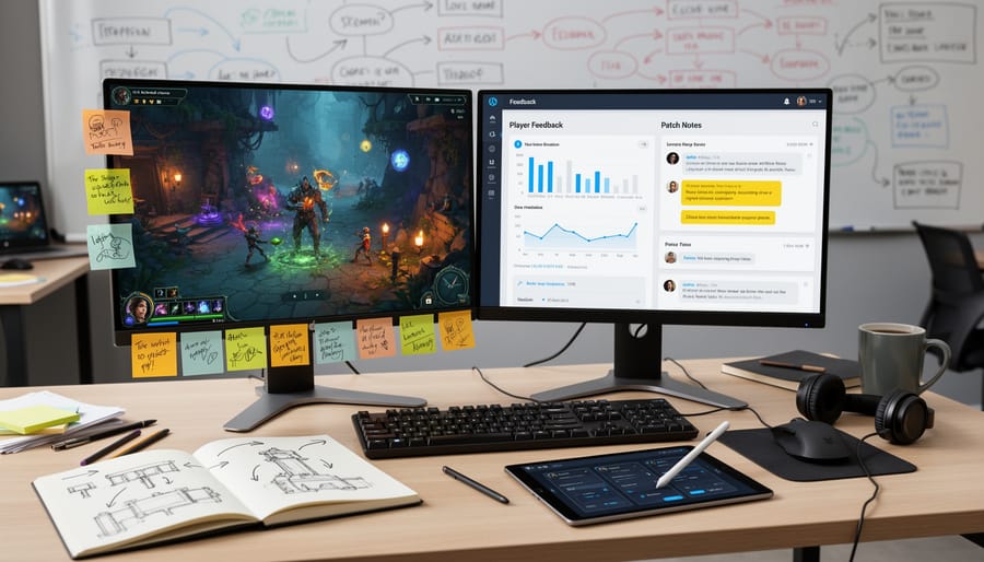 Developer desk with keyboard, notebook, and blank sticky notes arranged neatly under soft indoor lighting.