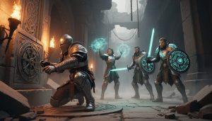 A group of armored adventurers in a misty Eberron-style dungeon, one disarming a stone trap while others cast spells and ready for combat.