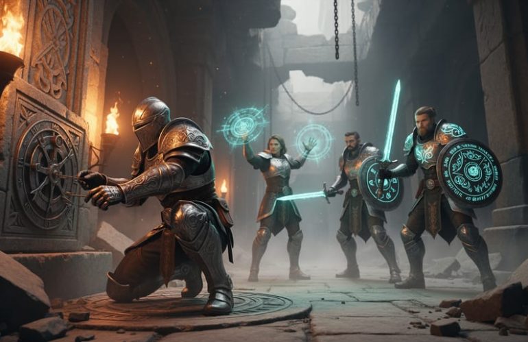 A group of armored adventurers in a misty Eberron-style dungeon, one disarming a stone trap while others cast spells and ready for combat.