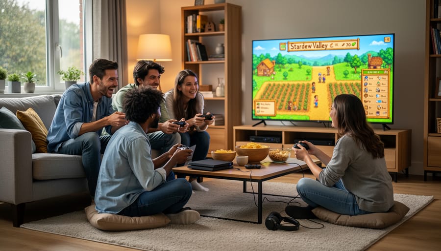 Group of friends gathered outdoors around a picnic table with games, smiling and interacting together.