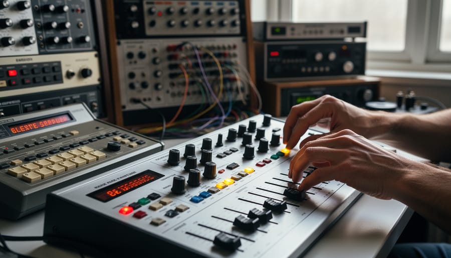 Close-up of gloved hands adjusting rotary knobs on an analog synthesizer with early computer gear in view