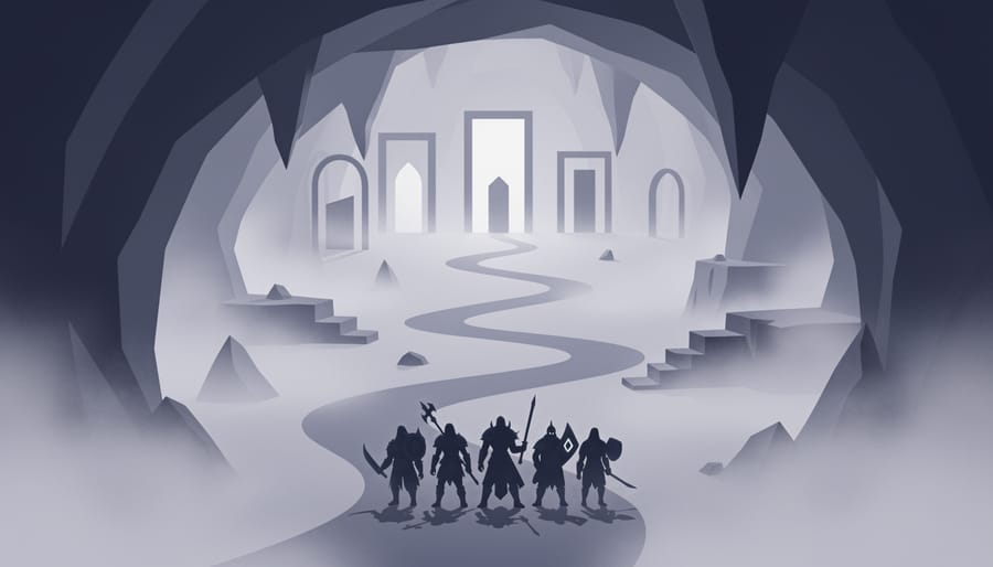 Three armored adventurers standing in a misty cavern as volumetric light beams illuminate the group