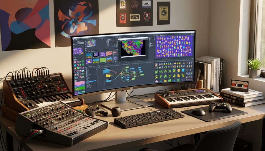 Game development workstation with monitor glow and cables in a modern studio