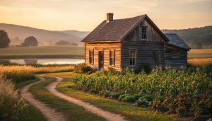 Warm rural homestead with a wooden farmhouse and crop fields at golden hour, evoking Stardew Valley’s long-term success.