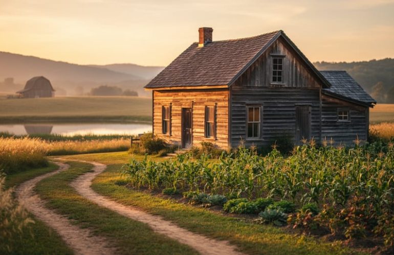 Warm rural homestead with a wooden farmhouse and crop fields at golden hour, evoking Stardew Valley’s long-term success.