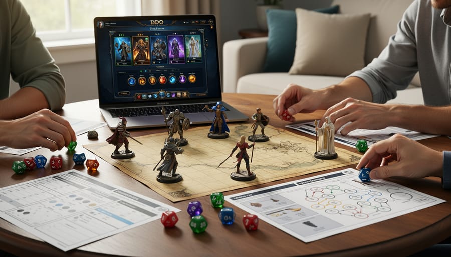 Hands arranging dice and fantasy tokens on a tabletop character folio with a leather notebook and map cloth