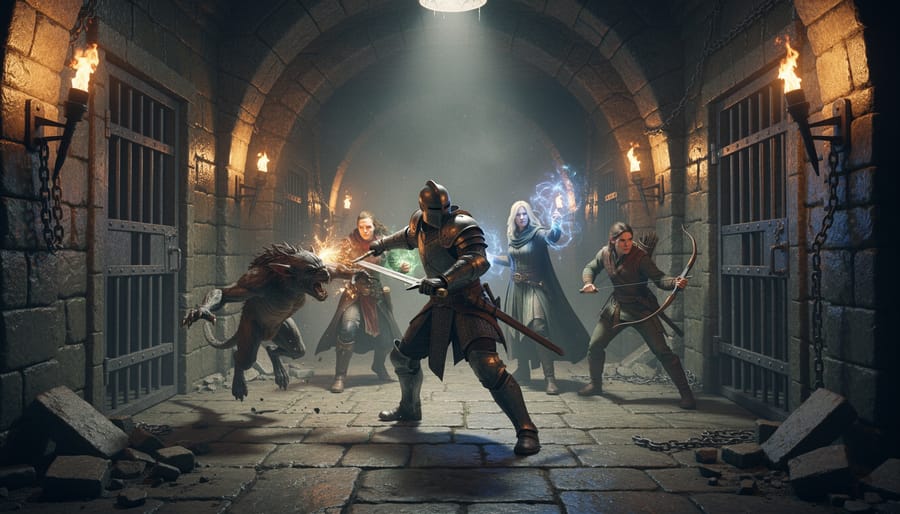 Adventurer standing in a torch-lit dungeon corridor with a glowing weapon and Eberron-inspired stone architecture