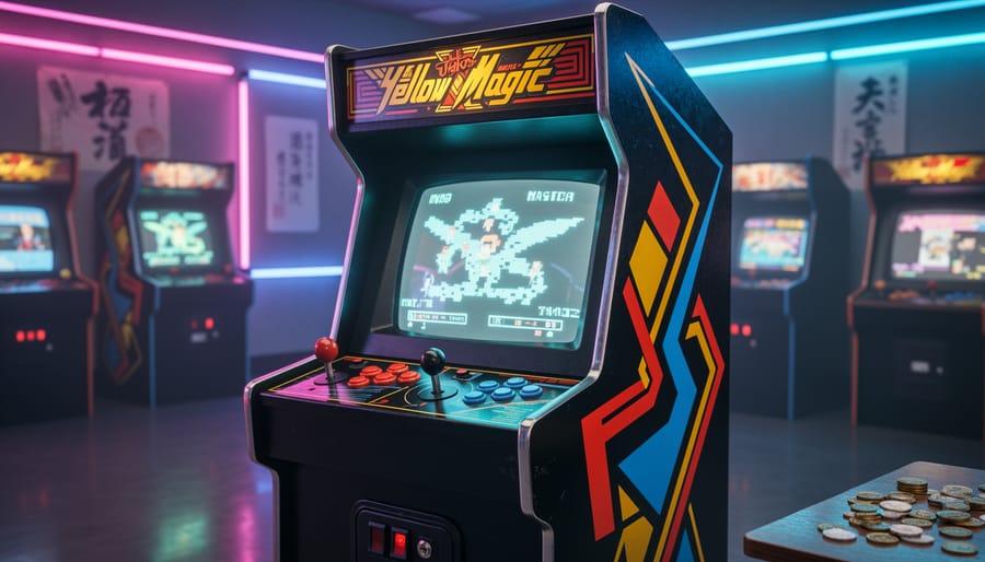 Vintage arcade cabinet glowing in a dim neon room