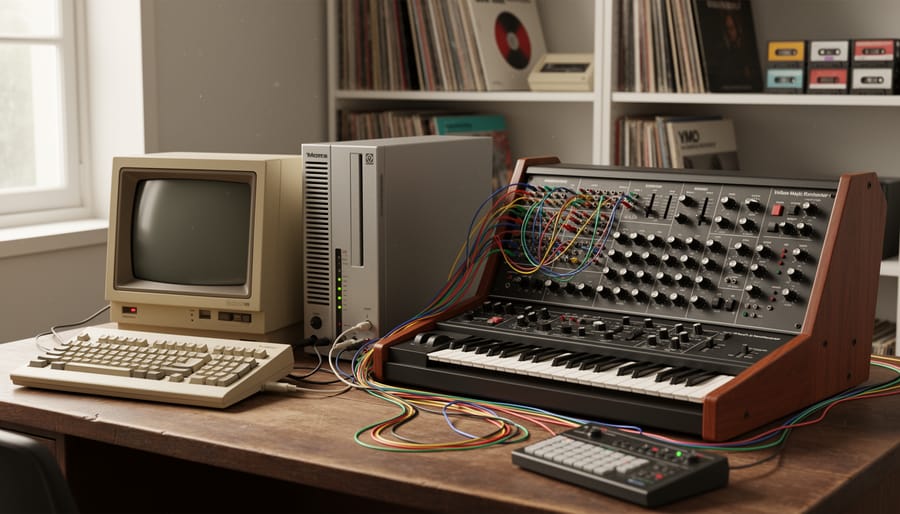 Vintage computer terminal next to an open analog synthesizer in a dimly lit studio